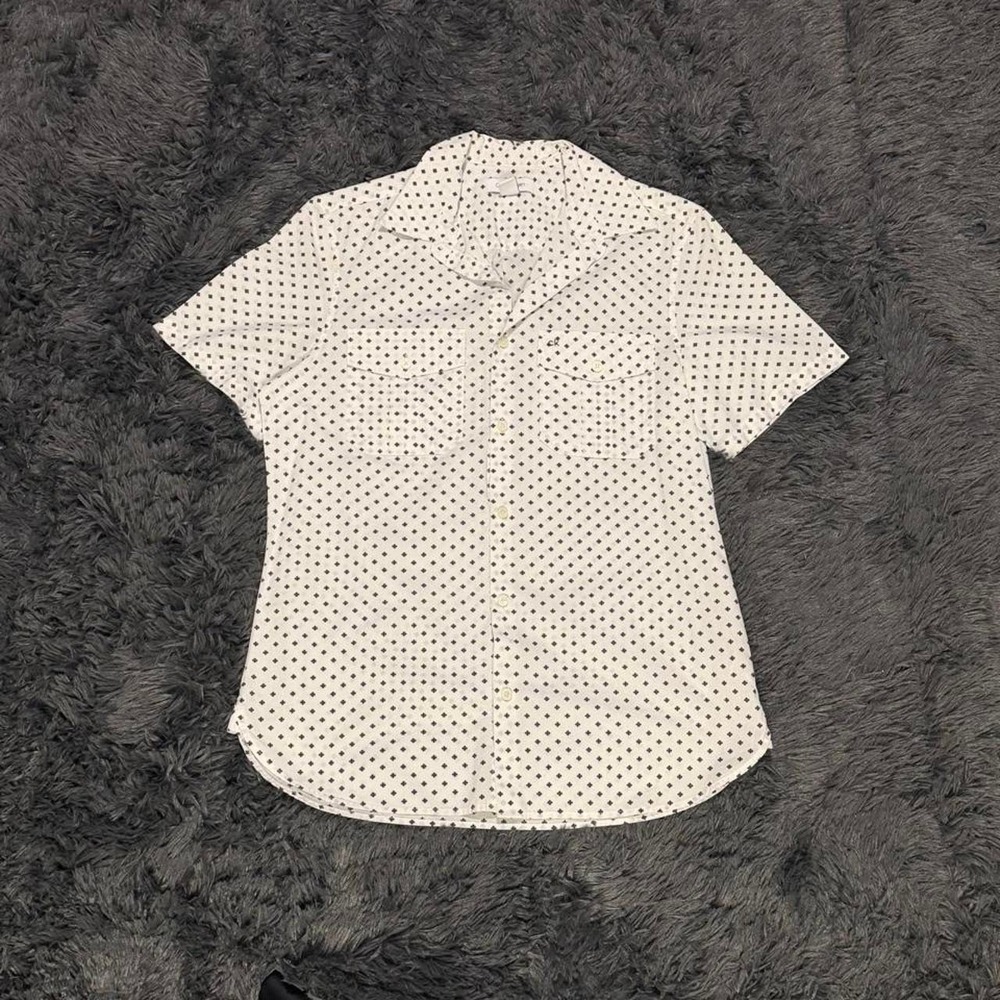 Calvin Klein Mens White Black Polka Dot Short Sleeve Button Up Shirt Pocket S